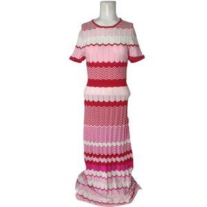 Sunday Up Pleated Chevron Knit Sweater Maxi Dress L Valentines Pink Red